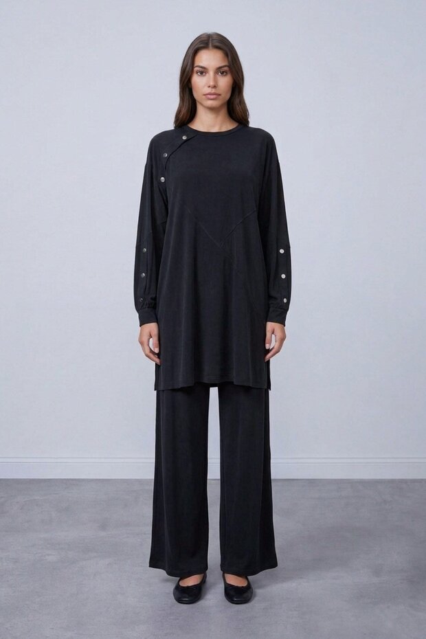 Sleeve and Collar Snap Button Tunic Trouser Set Black 14531