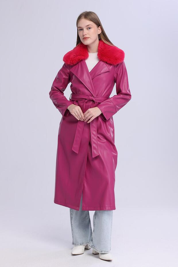 Women's Plush Collar Leather Look Long Coat