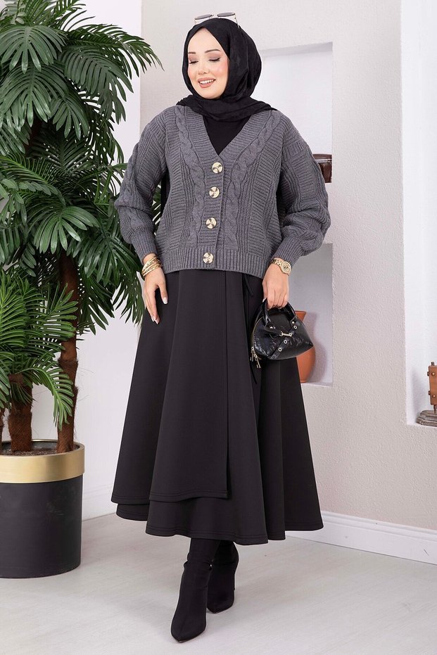 Hair Braid Patterned Buttoned Knitwear Cardigan Anthracite