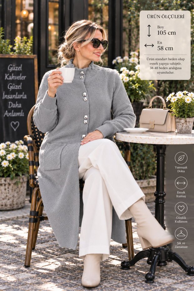 Women's Angora Long Soft Stand Collar Flexible Buttoned Pocketed Cardigan