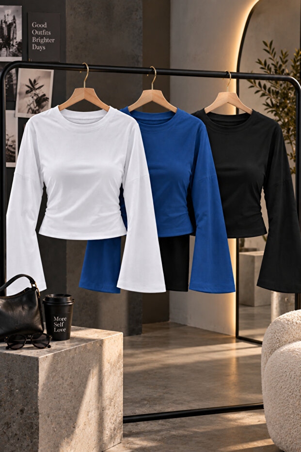 Women's Basic Wide Sleeve Crop Blouse 3-Piece