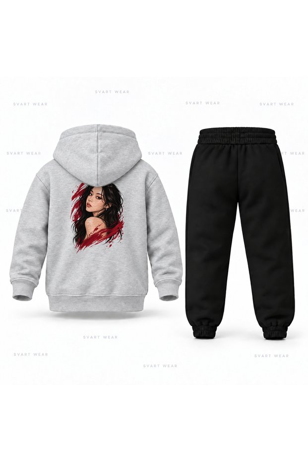 Katseye Sophia Red Ink Printed Children's Hooded Tracksuit Set