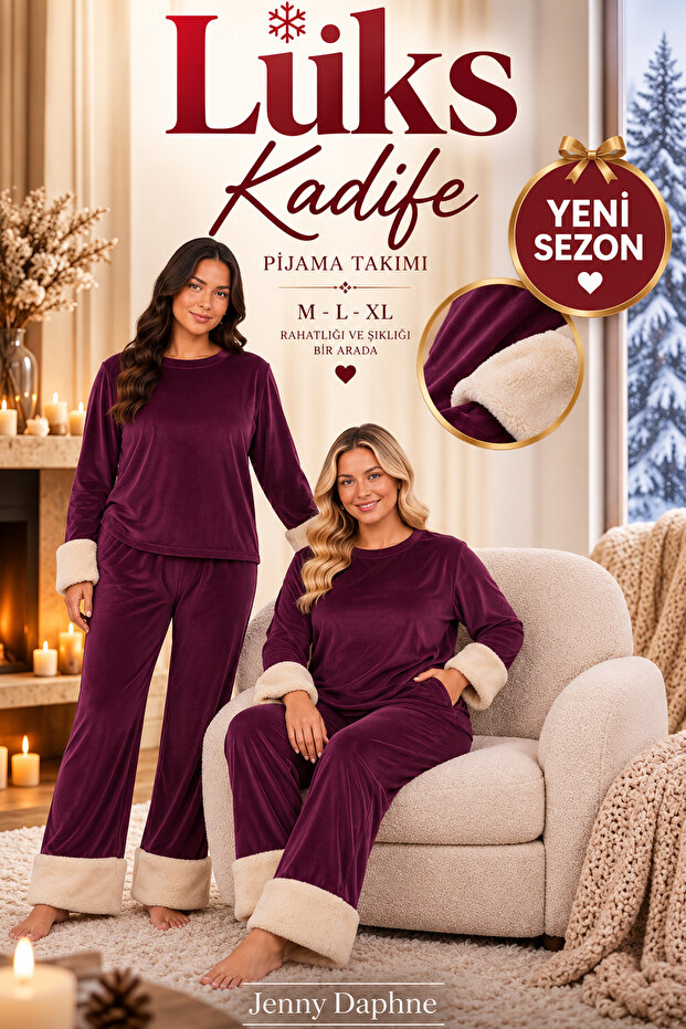 Women's Velvet Pajama Set with Plush Detail, Long Sleeve, Winter Comfortable Home Pajamas