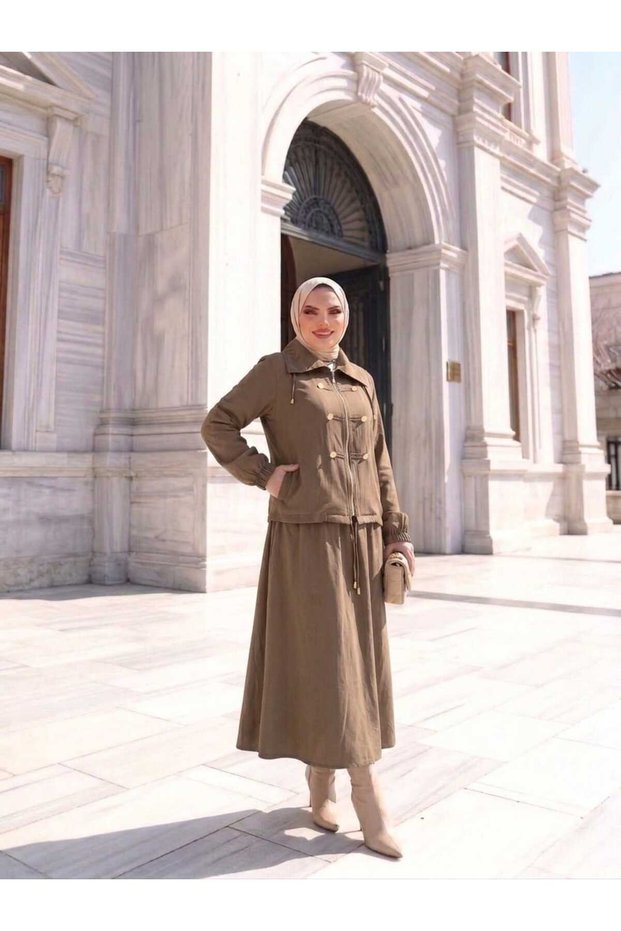 Turn-Down Collar Lace-Up Jacket with Chinese Button Stitching Detail and Elastic Waist Skirt Two-Piece Set