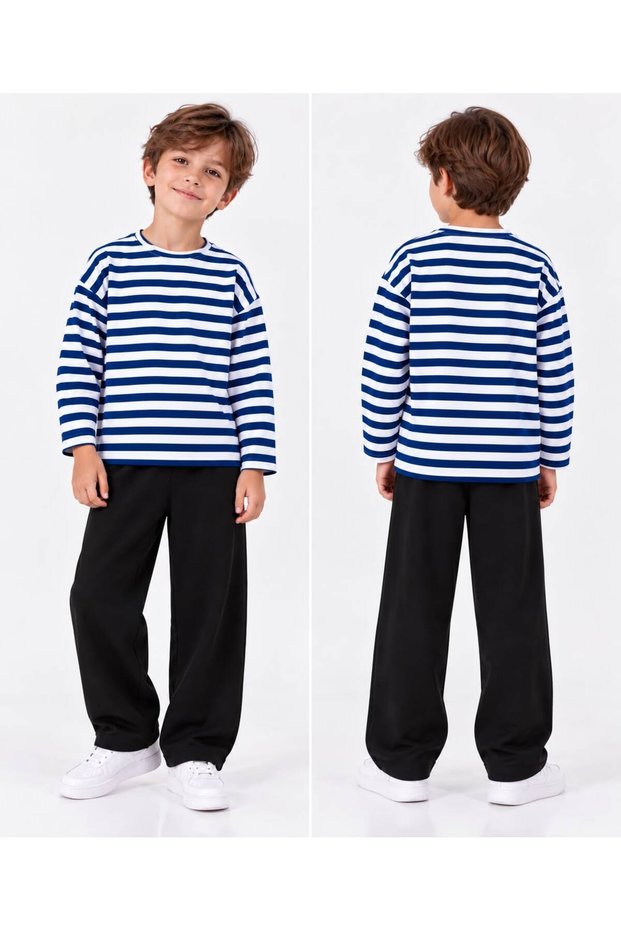 Boy's White-Navy Blue Striped Hooded Sweatshirt-Black Wide-Leg Sweatpants Set