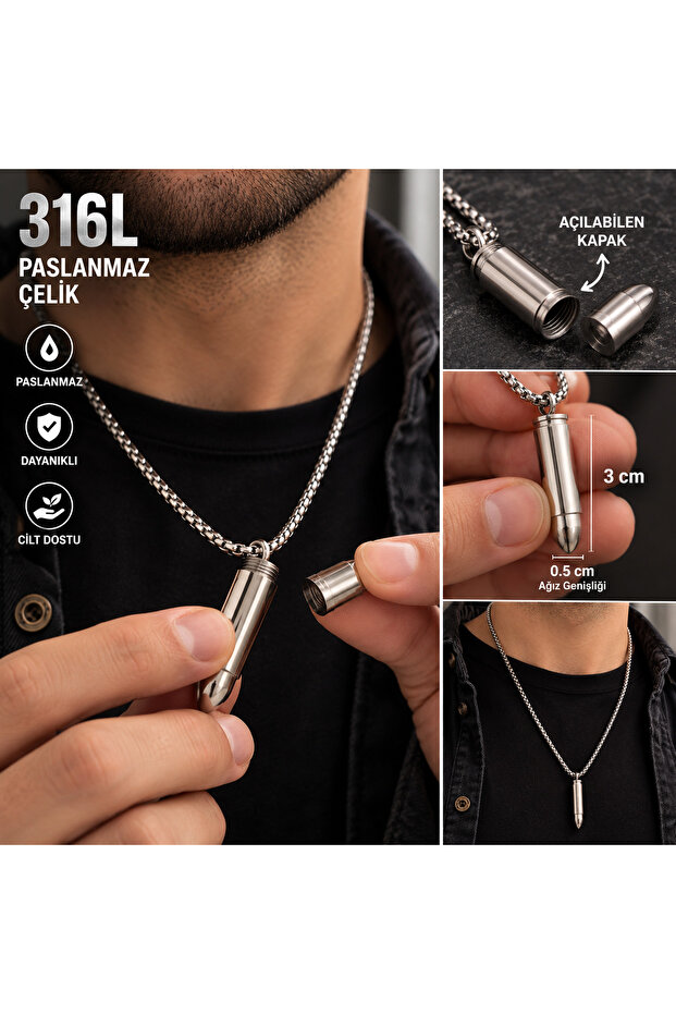 316L Stainless Steel Bullet Pendant with Openable Chamber Men's Unisex Necklace