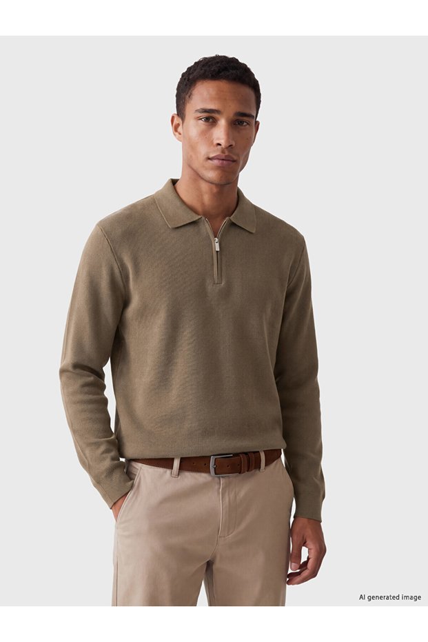 Ozmarka New Season Khaki Polo Collar Men's Knitwear Sweater