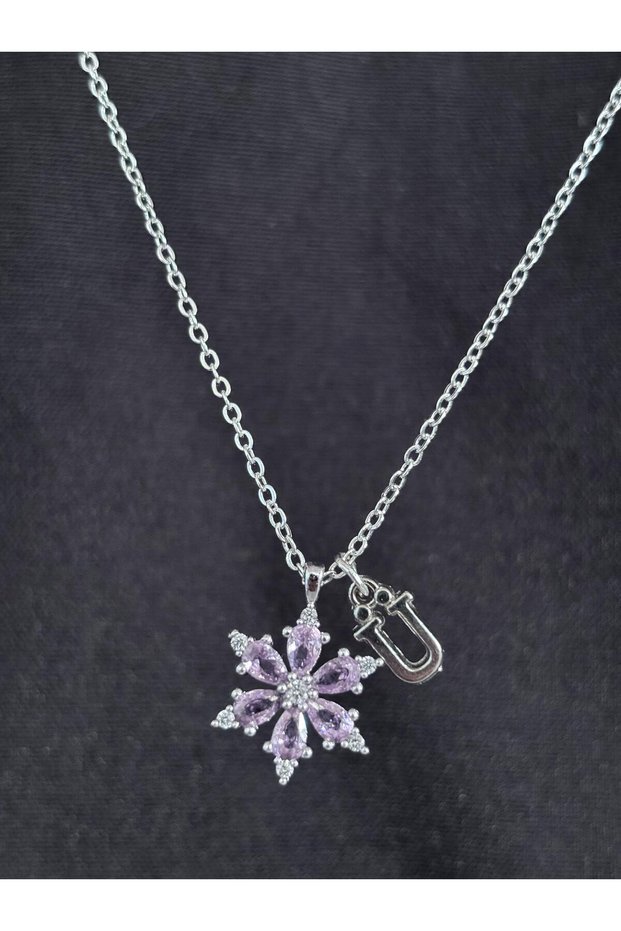 Pink Zircon Stone Lotus Flower Letter U Women's Steel Necklace