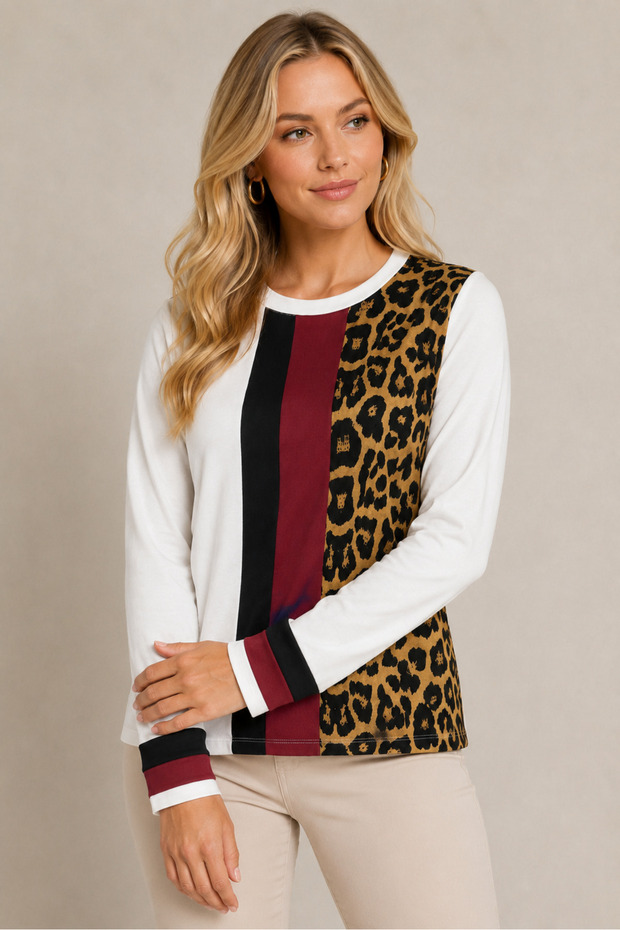 Women's Crew Neck Long Sleeve Leopard Print Block Design Elegant Trend Casual White Sweater
