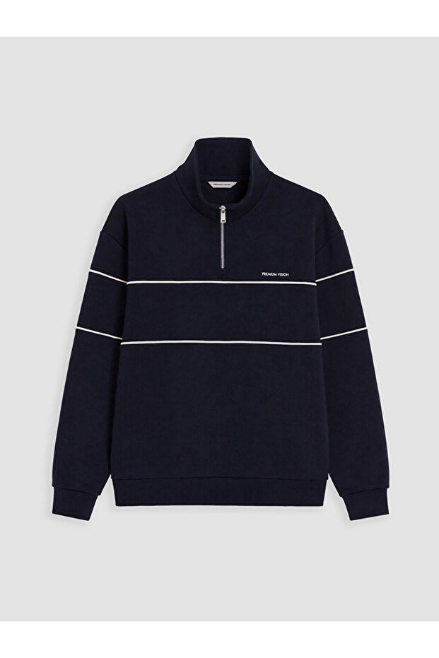Vizyon New Season Navy Blue Stand Collar Printed Men's Thick Sweatshirt