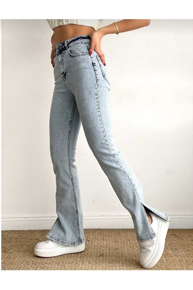 Luxury Lycra Ice Snow High Waist Side Slit Wide Leg Jean Trousers