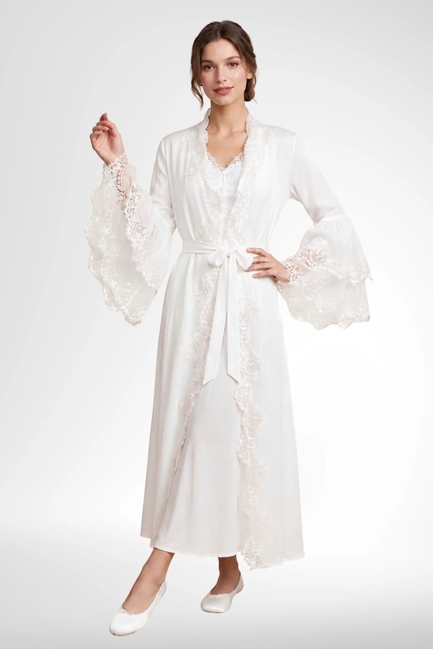 Women's Long Sleeve Guipure Detailed Dressing Gown Nightgown 2-Piece Set 75% Cotton 25% Viscose