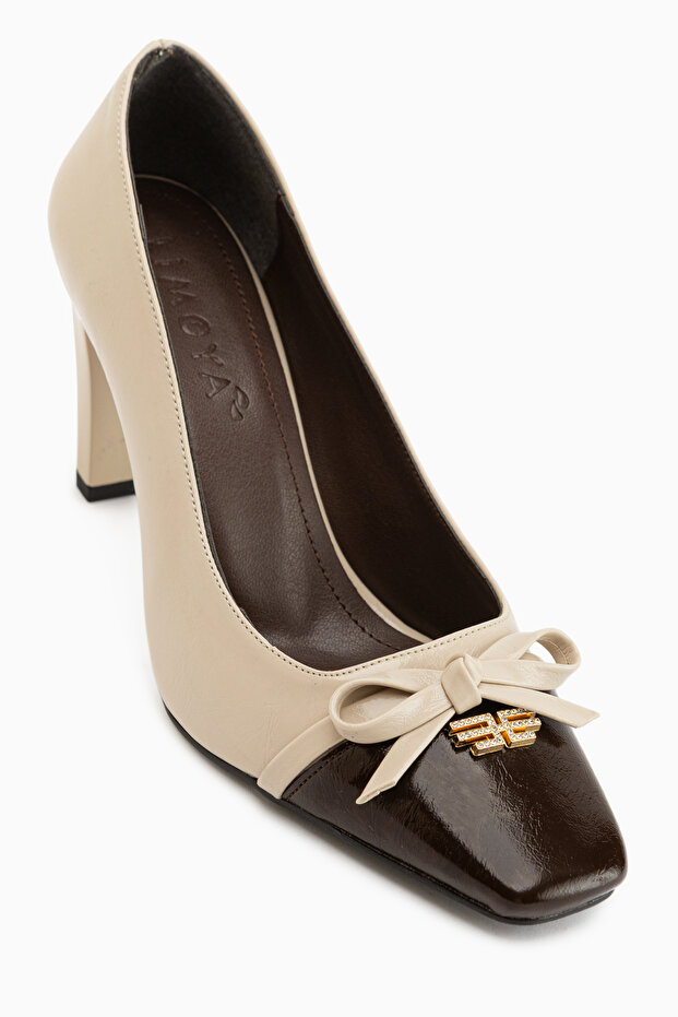 Dina Beige Bow Detailed Women's Heeled Shoes