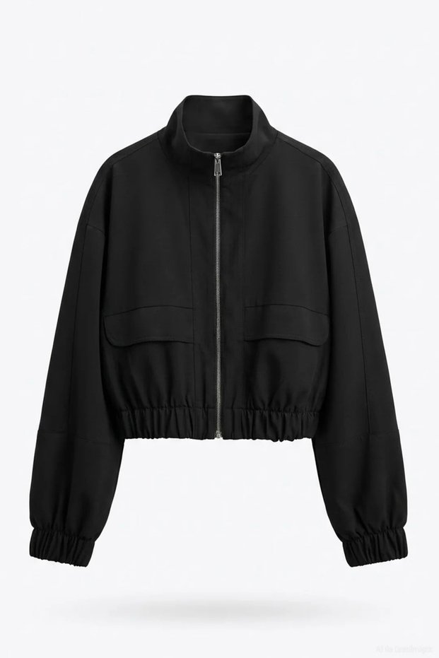 Elastic Waist Pocketed Bomber Jacket Black
