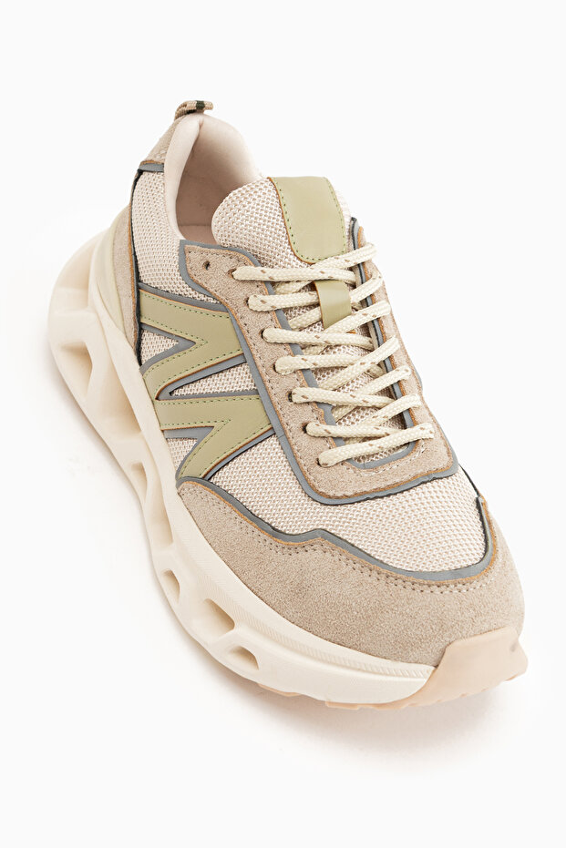 Kiana Beige Mesh Detailed Thick Sole Women's Sneaker
