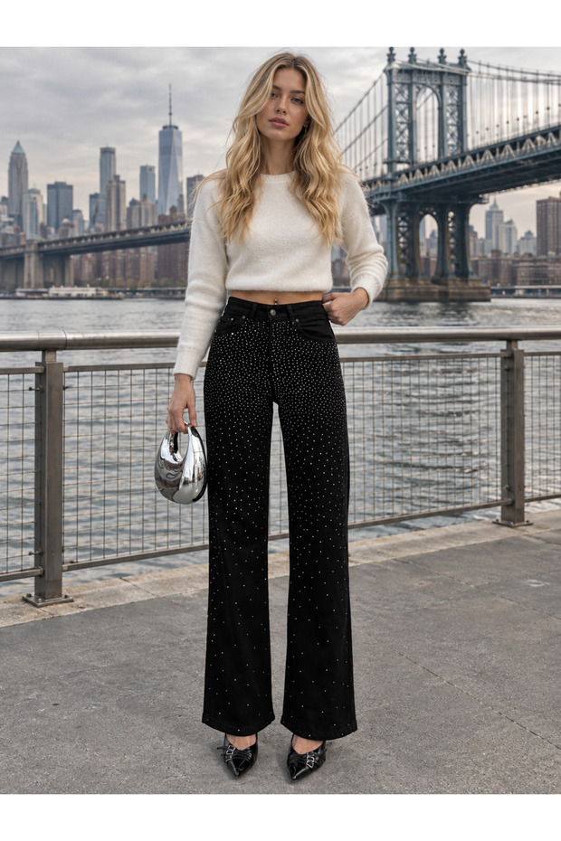 Women's Stone Detailed Wide Leg Pants