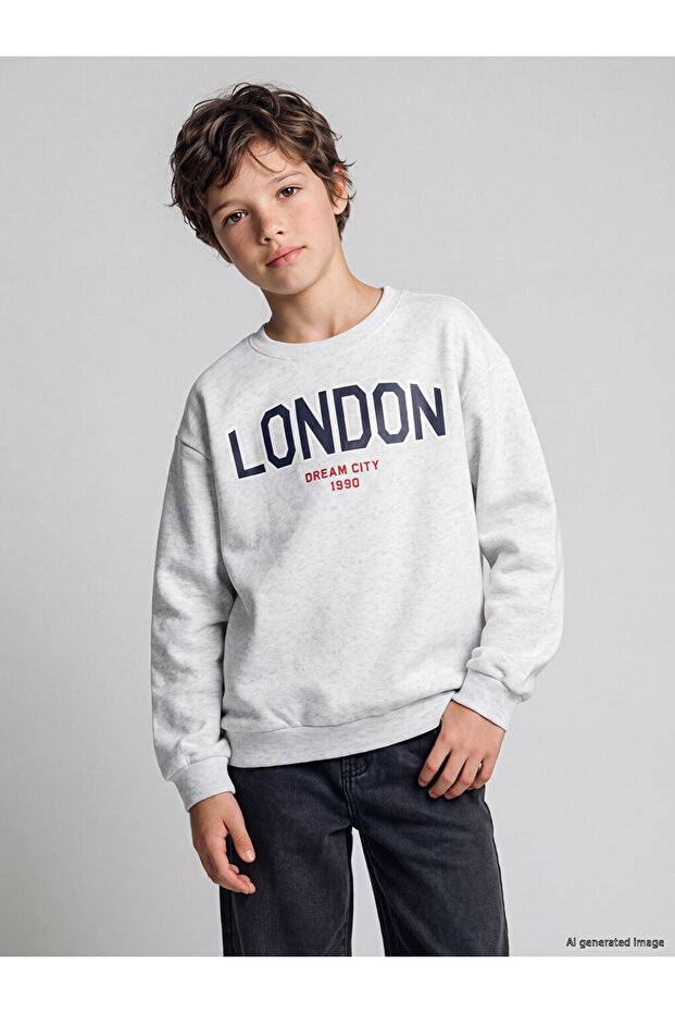 Özmarka New Season Gray London Printed Boys' Thick Sweatshirt