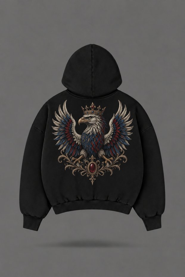 Oversize Eagle Front and Back Printed Hooded Black Sweatshirt