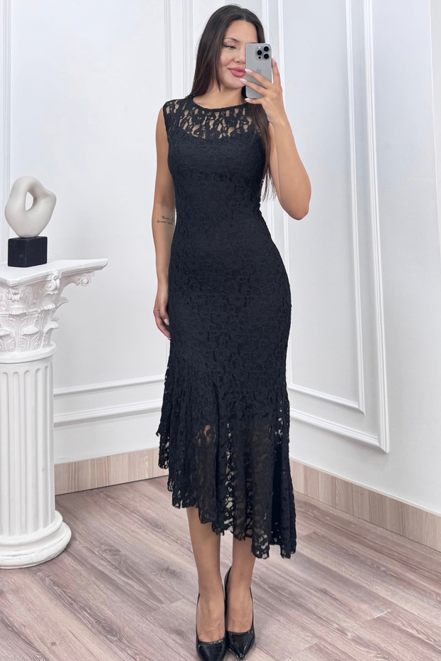 Women's Summer Black Tulle Lace Inside Lined Round Neck Sleeveless Asymmetrical Cut Long Dress 50425
