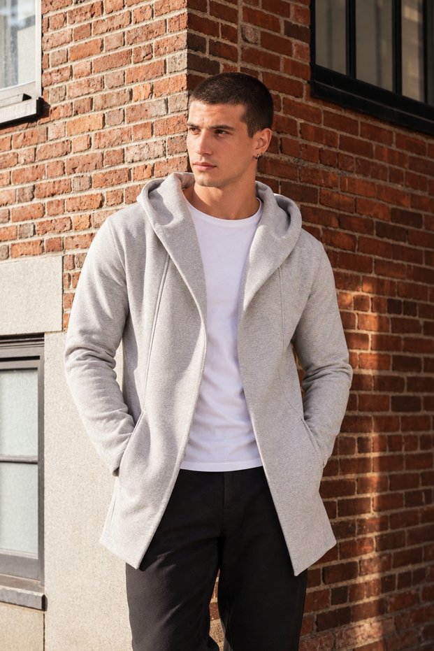 Men's Gray Regular Fit Hooded Long Cotton Casual Poncho Cardigan Rf0102
