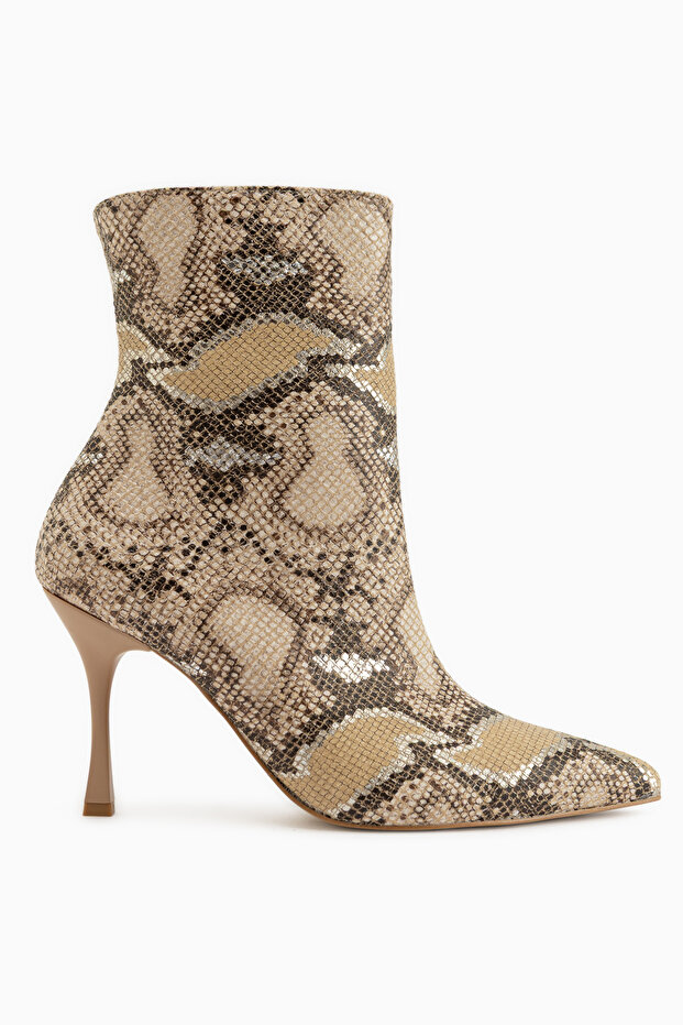 Corina Beige Snake Patterned Pointed Toe Women's Heeled Boots