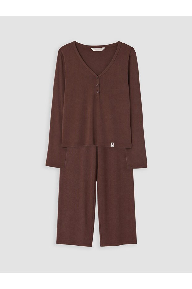 Özmarka New Season Brown V-Neck Women's Pajama Set