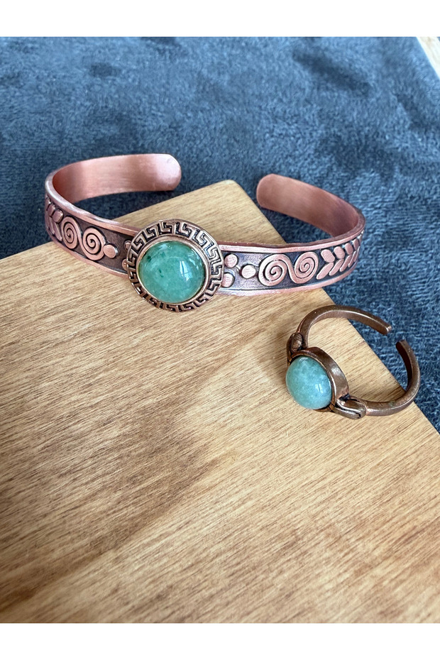 100% Copper Ring Bracelet with Natural Stones, Handcrafted Copper Set, Agate Stone Jewelry Set