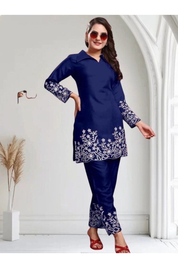 Blue Slub Cotton Floral Embroidered Kurti Pant Set - LRN10093 | Blue-Size:M-38-Inches