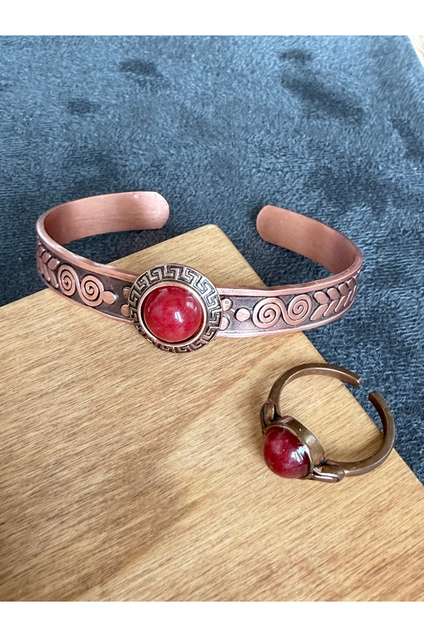 100% Copper Ring Bracelet with Natural Stones, Handcrafted Copper Set, Red Agate Stone Jewelry Set