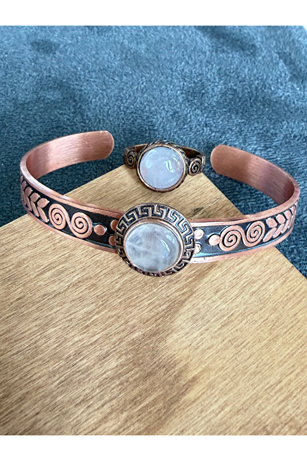 Copper Ring Bracelet with Natural Stones, Handcrafted Copper Set, Quartz Stone Jewelry Set