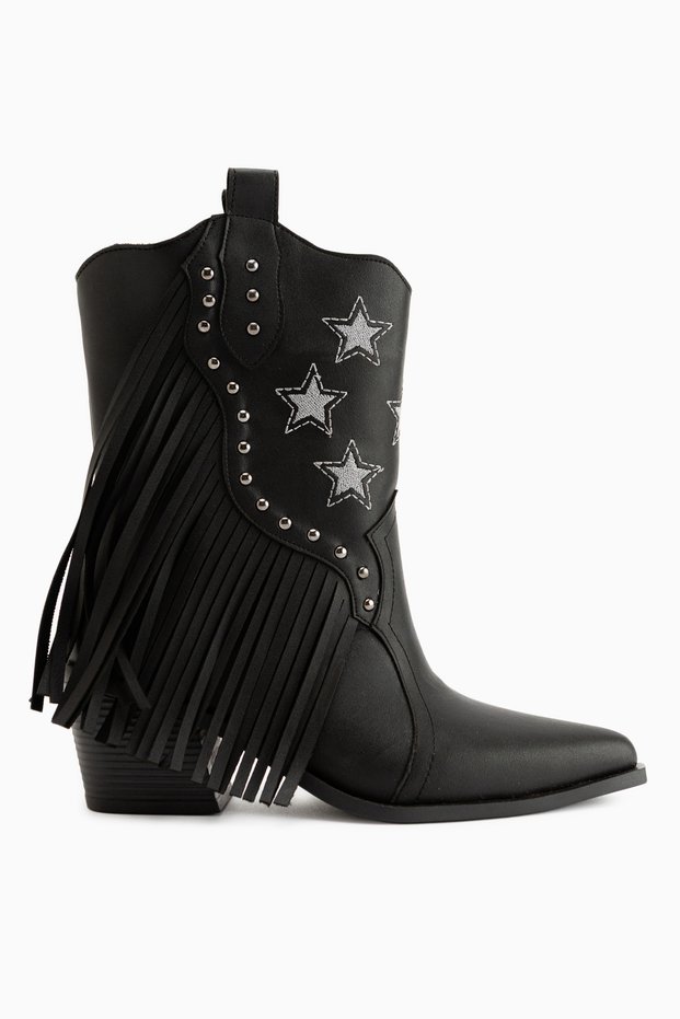 Valeria Black Tasseled Star Detailed Western Women's Boots