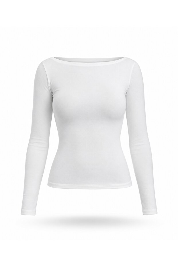 Ecru Boat Neck Long Sleeve T-Shirt 2517