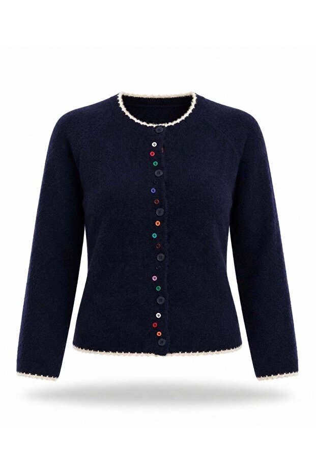 Navy Blue Contrast Striped Buttoned Cardigan 7853