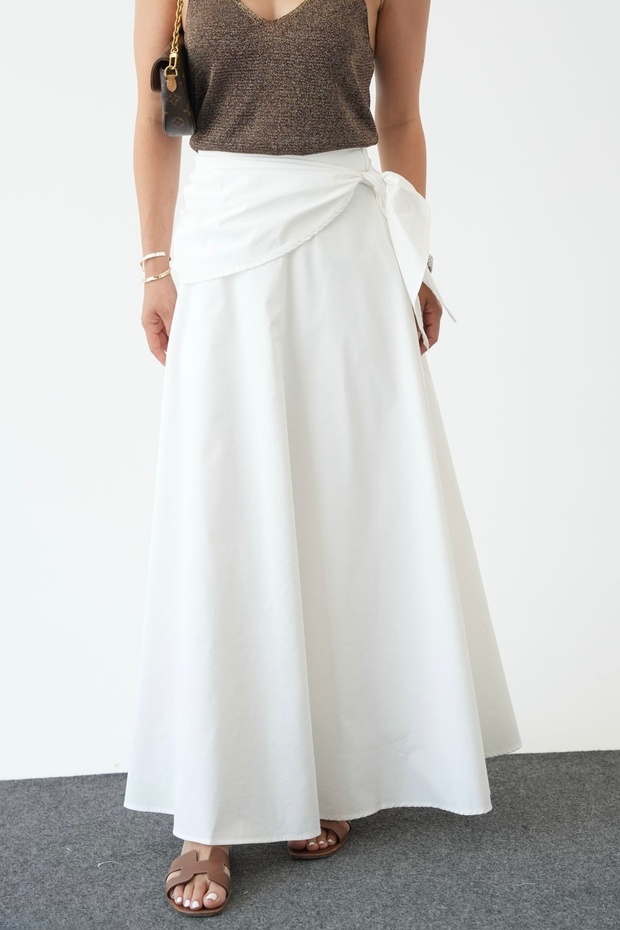 White Scarf Detailed Side Zipper Midi Skirt