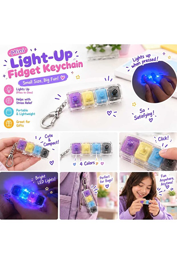 Mini Light-Up Fidget Keychain with Click Buttons and LED Lights, 4 Colors