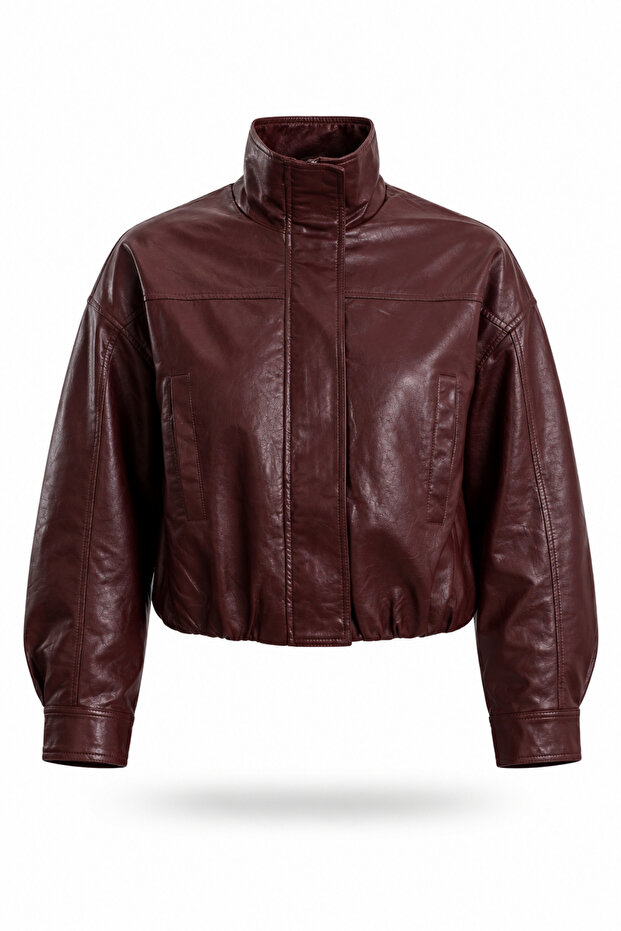 Burgundy Faux Leather Bomber Jacket 100020