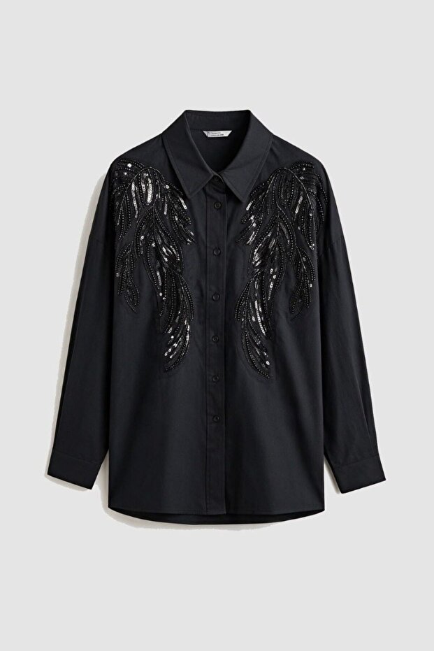 Black, Embroidered Oversized Poplin Shirt Per5143