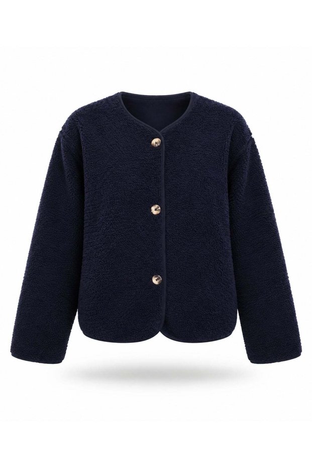 Navy Blue Buttoned Fleece Jacket 23265