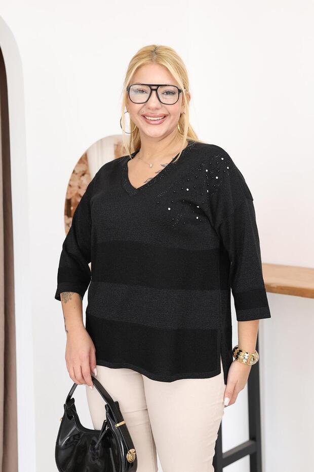 V-Neck Cotton Mercerized Sweater with Glitter Stone Detail