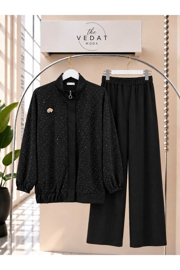 Women's Top and Pants Set with Stone Embellishments -0750
