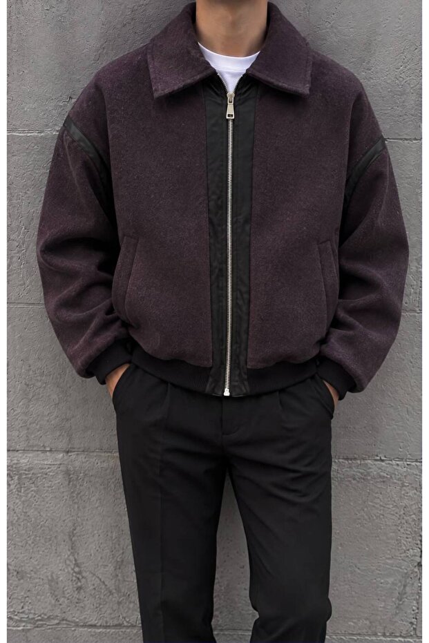 Men's Leather Detailed Slim Cashmere Coat Jacket