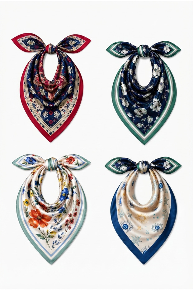 4-Piece Women's Scarf Special Series Set Women's Scarf Stylish Patterned Neck Scarf Hair and Bag Accessory Colorful Scarf