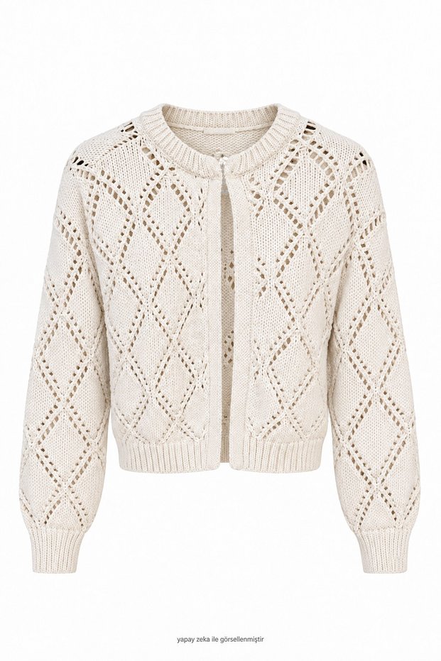 Perforated Diamond Patterned Knitwear Cardigan Cream