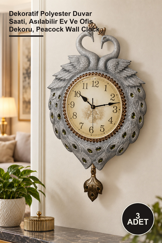 3 Pieces Wall Hanging Peacock Clock – Decorative Polyester Wall Clock, Hangable Home and Office Decor, Peacock Wall Clock