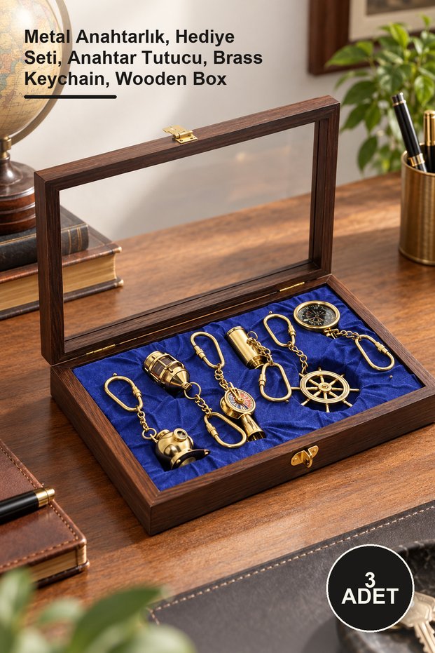 3 Pieces Brass Keychain Set with Wooden Box – Metal Keychain, Gift Set, Key Holder, Brass Keychain, Wooden Box