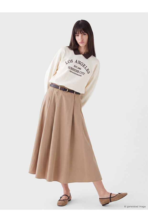 Esvab • Modern & Distinctive High Waist Belted Pleated Flared Women's Skirt