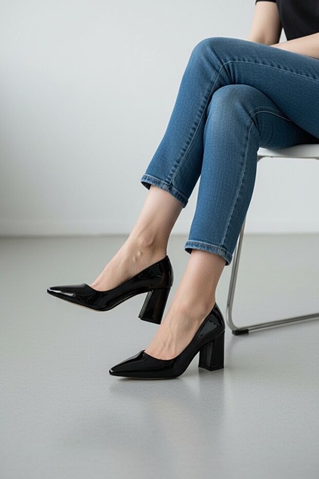 Black Patent Leather Thick Heeled Stylish Stiletto