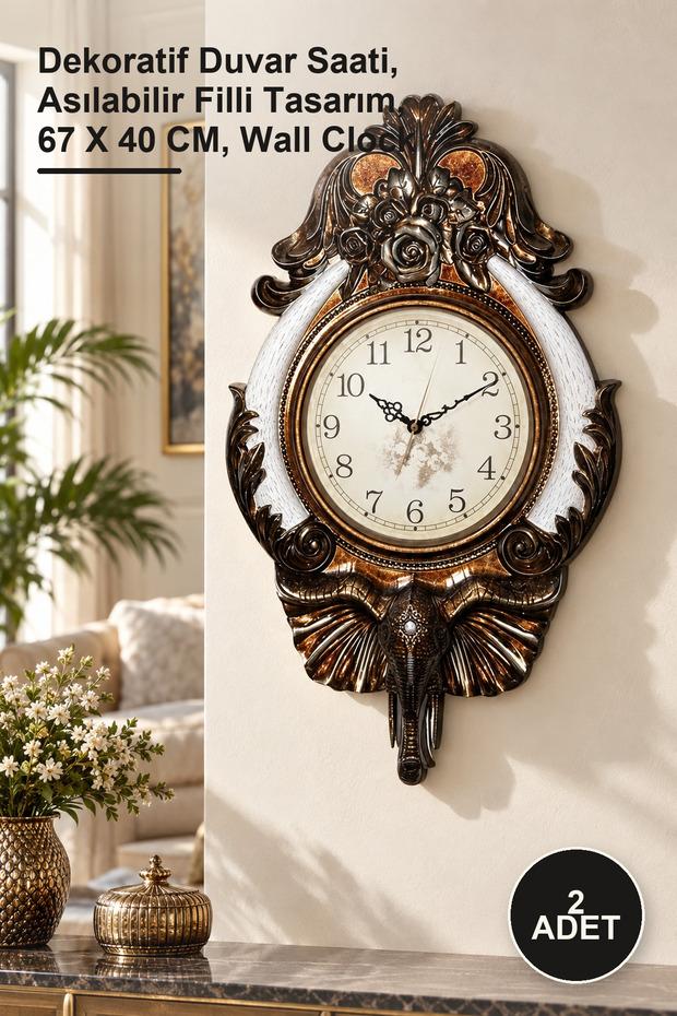 2 Pieces Wall Hanging Elephant Clock – Decorative Wall Clock, Hangable Elephant Design, 67 X 40 Cm, Wall Clock