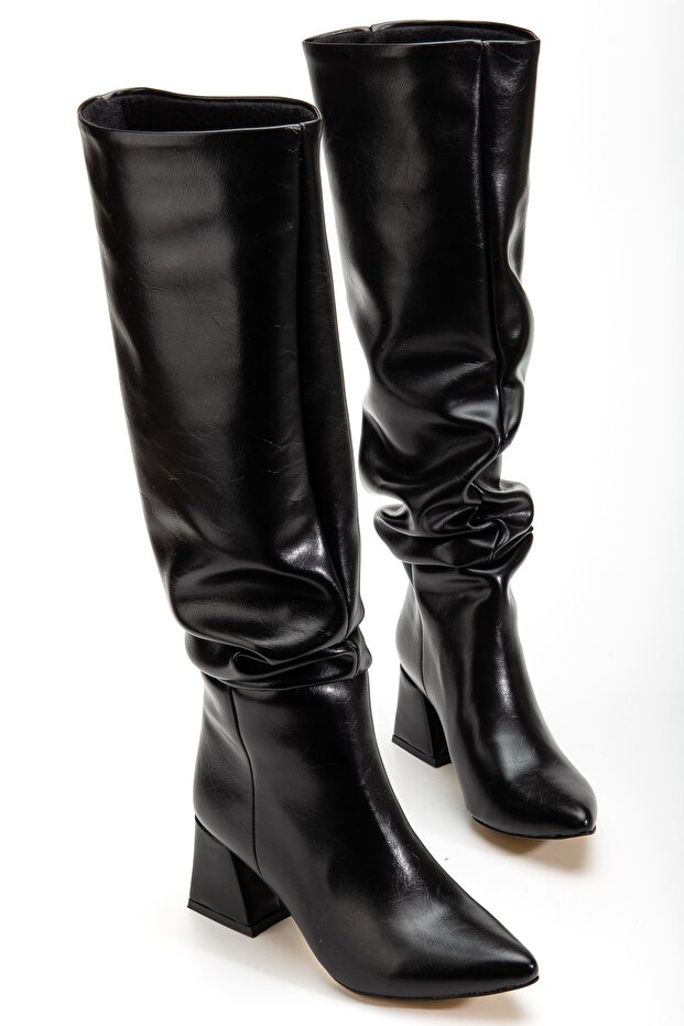 Zri̇nx-2002 Premium Black Wrinkled Bellows Thick Heeled Women's Boots 7 cm