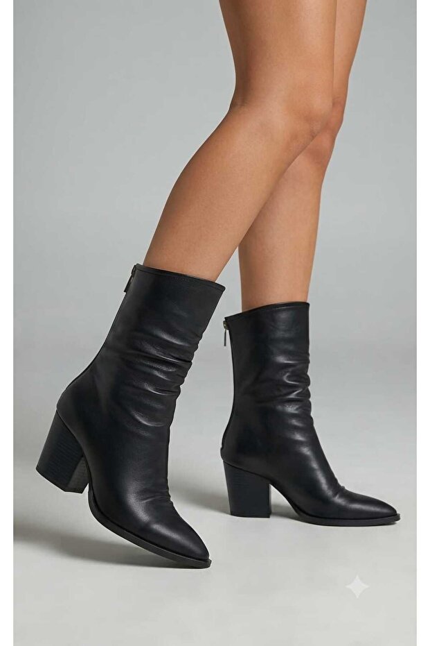 Women's Thick Heeled Vinlex Leather Zippered Lined Short Boots
